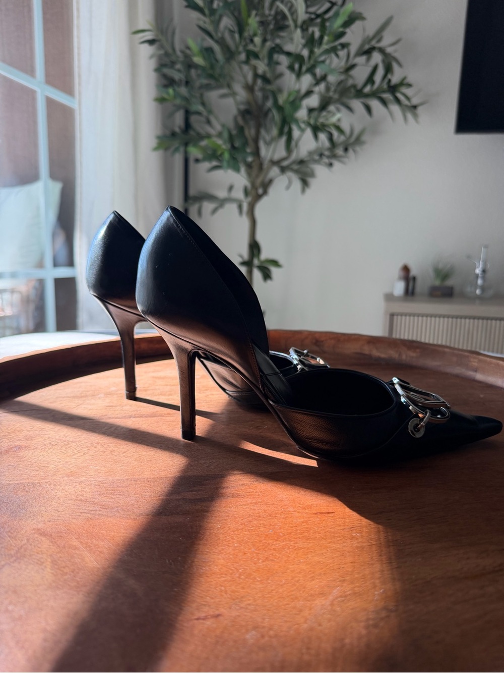 Vintage Dior Black Leather Pointed-Toe Pumps with Silver CD Buckle - Picture 2 of 4